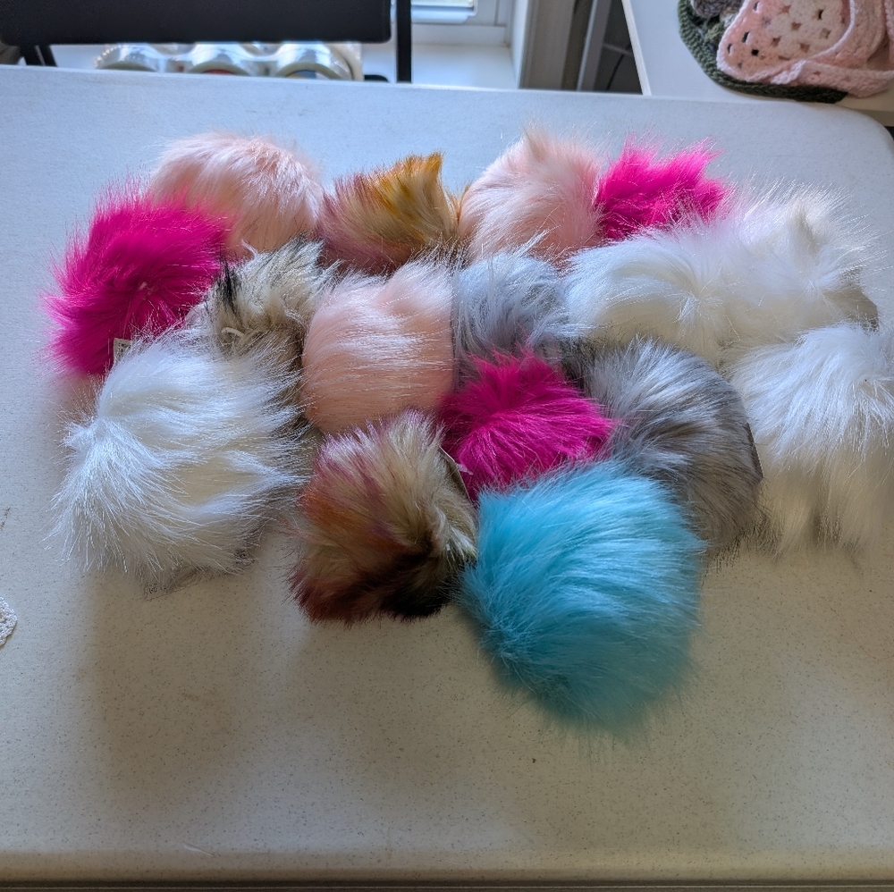 Colorful Faux Fur Pom Poms- Lot Of 16-NEW